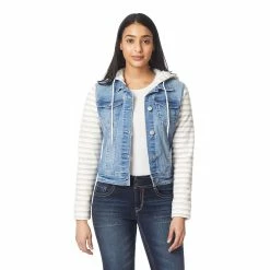 Juniors' Wallflower Dreamer Knit-Sleeve Hooded Jean Jacket 13 Juniors' Wallflower Dreamer Knit-Sleeve Hooded Jean Jacket -Tennessee Titans Gear shop 4261907 Arden