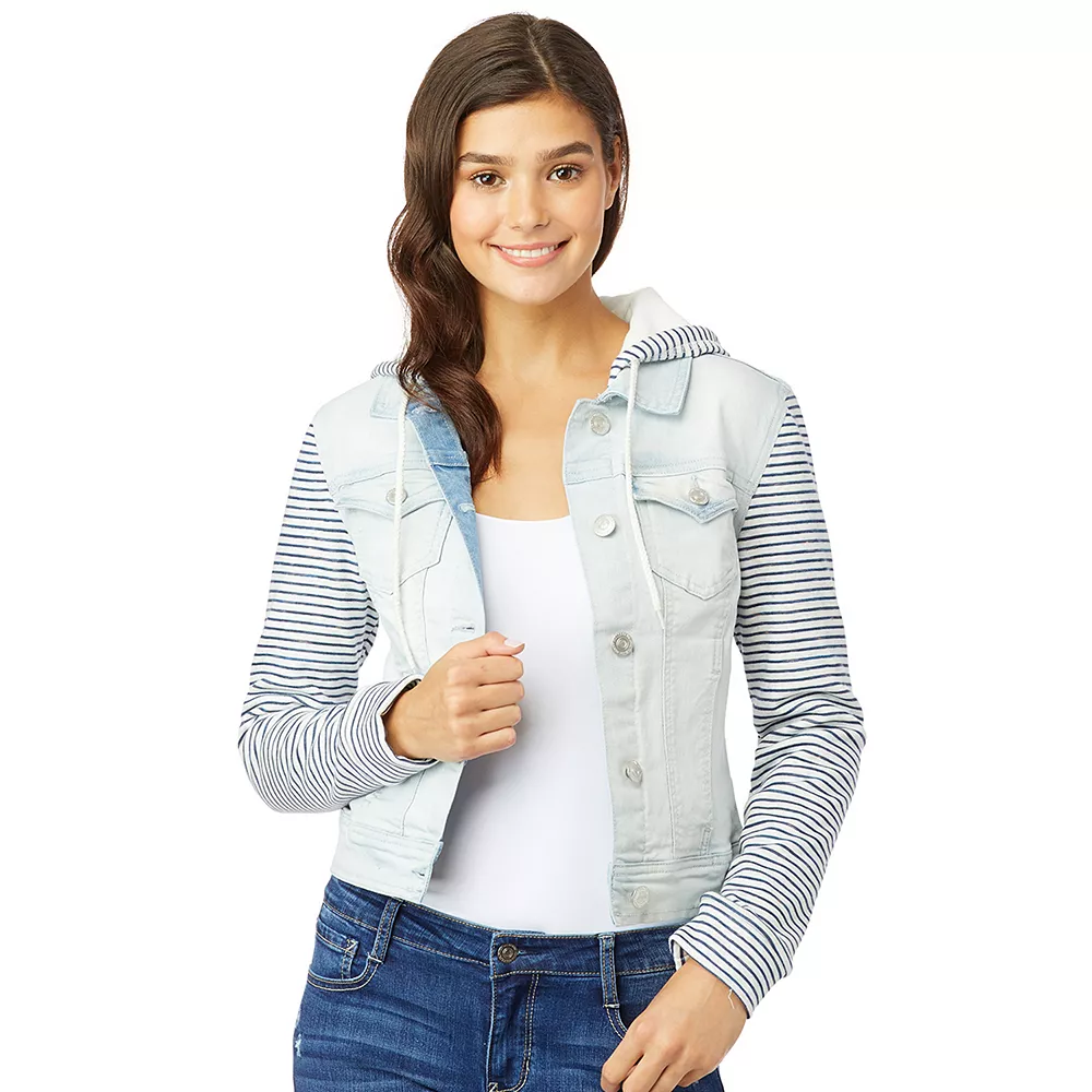 Juniors' Wallflower Dreamer Knit-Sleeve Hooded Jean Jacket 7 Juniors' Wallflower Dreamer Knit-Sleeve Hooded Jean Jacket - Image 6