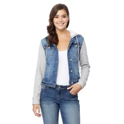 Juniors' Wallflower Dreamer Knit-Sleeve Hooded Jean Jacket 11 Juniors' Wallflower Dreamer Knit-Sleeve Hooded Jean Jacket -Tennessee Titans Gear shop 4261907 Tessa