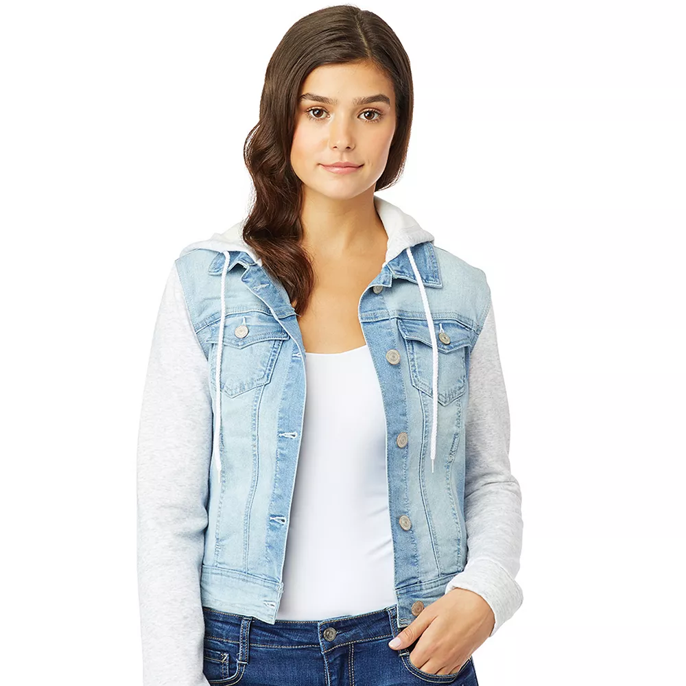 Juniors' Wallflower Dreamer Knit-Sleeve Hooded Jean Jacket 3 Juniors' Wallflower Dreamer Knit-Sleeve Hooded Jean Jacket - Image 2