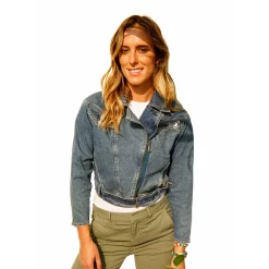 ACL Blue Denim Cropped Belted Blue Jean Jacket with Zippered Pockets by A. Helm