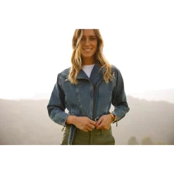 Alternative view of ACL Blue Denim Cropped Belted Blue Jean Jacket with Zippered Pockets by A. Helm