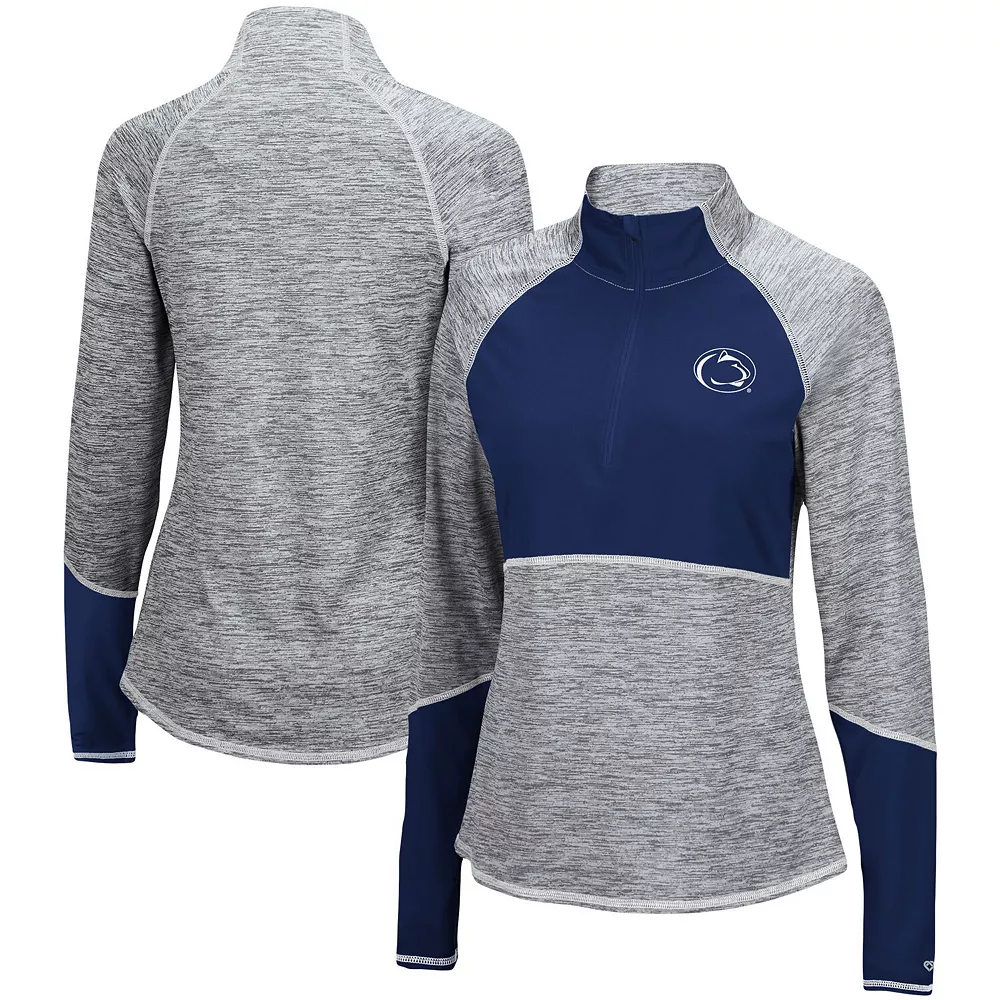 Women's Colosseum Heathered Gray/Navy Penn State Nittany Lions Color Block Space-Dye Raglan Quarter-Zip Top 4 Women's Colosseum Heathered Gray/Navy Penn State Nittany Lions Color Block Space-Dye Raglan Quarter-Zip Top - Image 2