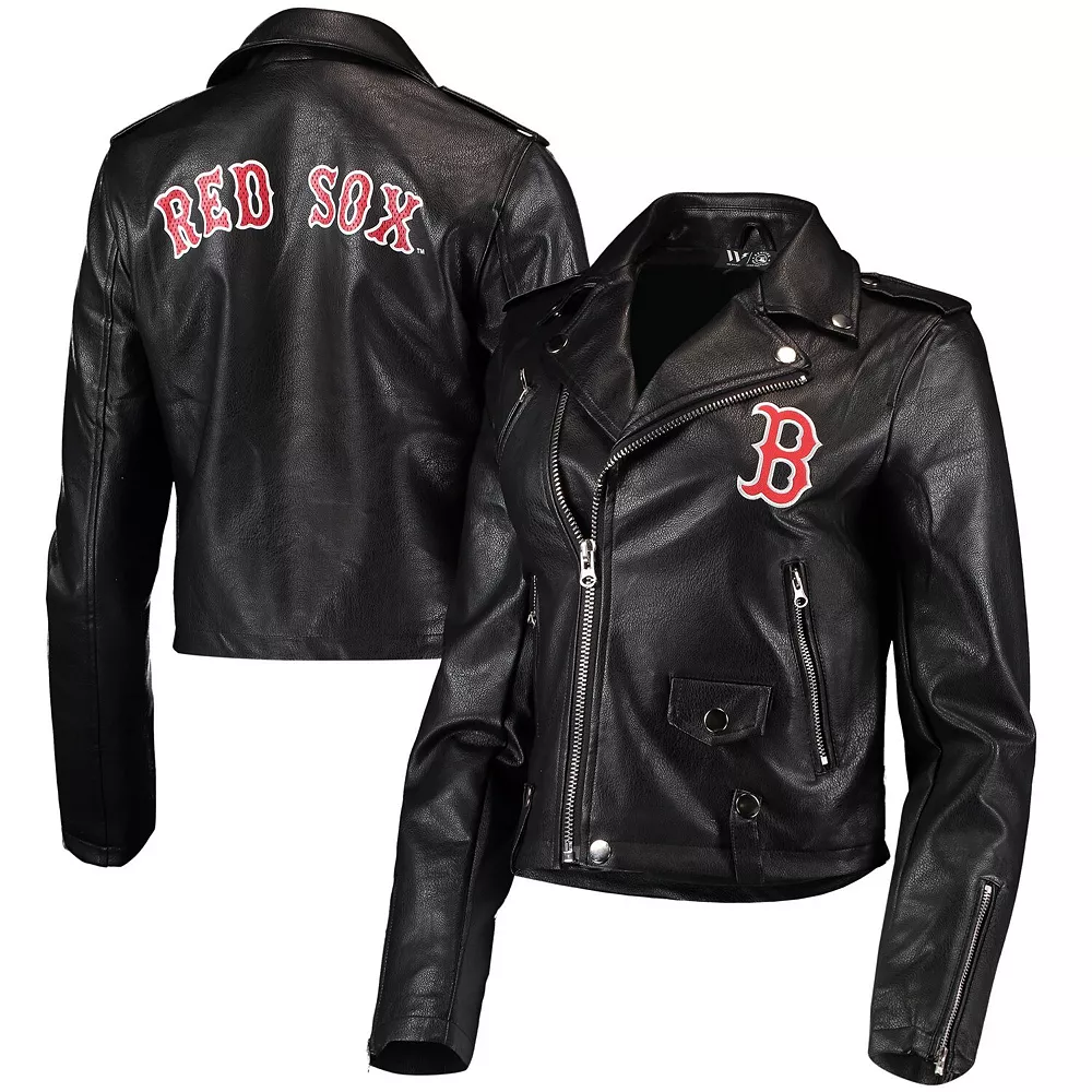 Women's The Wild Collective Black Boston Red Sox Faux Leather Moto Full-Zip Jacket 4 Women's The Wild Collective Black Boston Red Sox Faux Leather Moto Full-Zip Jacket - Image 2