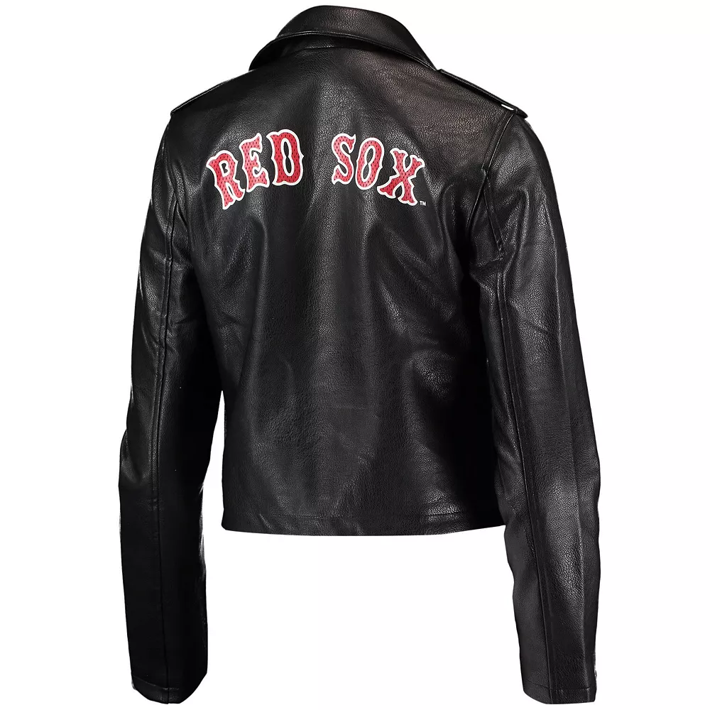 Women's The Wild Collective Black Boston Red Sox Faux Leather Moto Full-Zip Jacket 6 Women's The Wild Collective Black Boston Red Sox Faux Leather Moto Full-Zip Jacket - Image 4