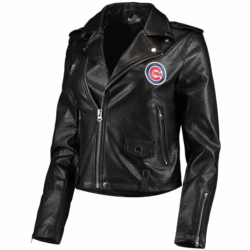 Women's The Wild Collective Black Chicago Cubs Faux Leather Moto Full-Zip Jacket 4 Women's The Wild Collective Black Chicago Cubs Faux Leather Moto Full-Zip Jacket - Image 2