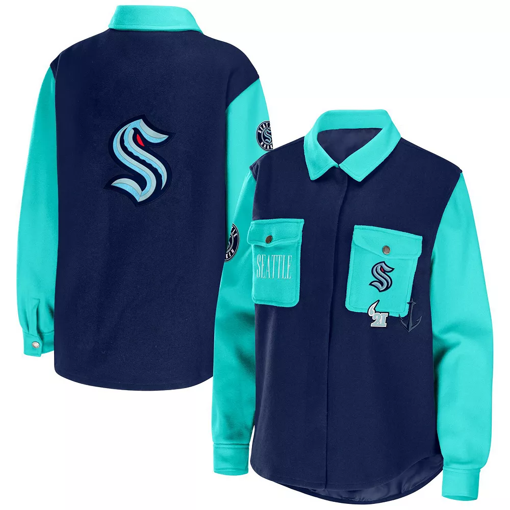 Women's WEAR by Erin Andrews Deep Sea Blue/Light Blue Seattle Kraken Colorblock Button-Up Shirt Jacket 3 Women's WEAR by Erin Andrews Deep Sea Blue/Light Blue Seattle Kraken Colorblock Button-Up Shirt Jacket