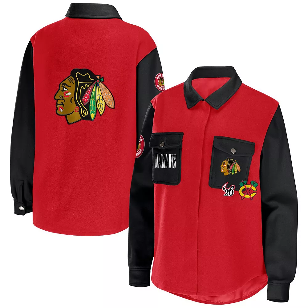 Women's WEAR by Erin Andrews Red/Black Chicago Blackhawks Colorblock Button-Up Shirt Jacket 4 Women's WEAR by Erin Andrews Red/Black Chicago Blackhawks Colorblock Button-Up Shirt Jacket - Image 2
