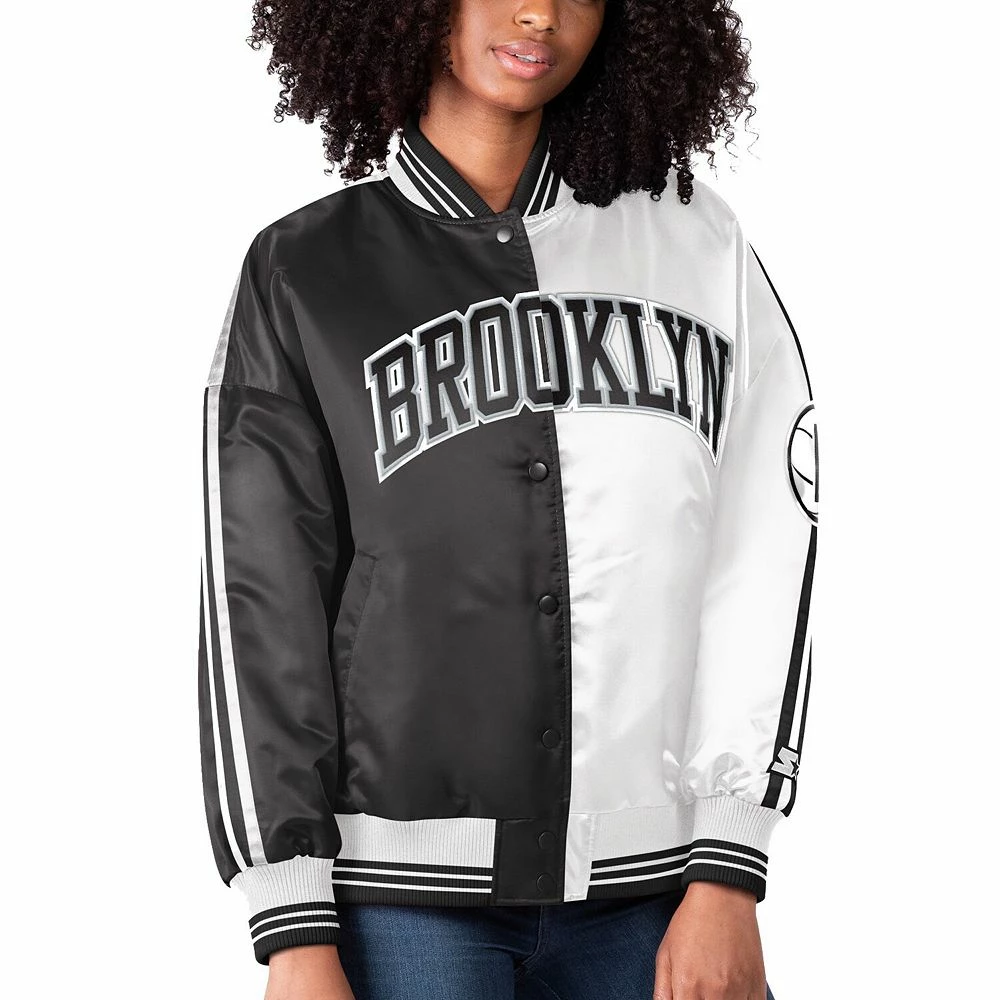 Women's Starter Black/White Brooklyn Nets Split Colorblock Satin Full-Snap Varsity Jacket 3 Women's Starter Black/White Brooklyn Nets Split Colorblock Satin Full-Snap Varsity Jacket