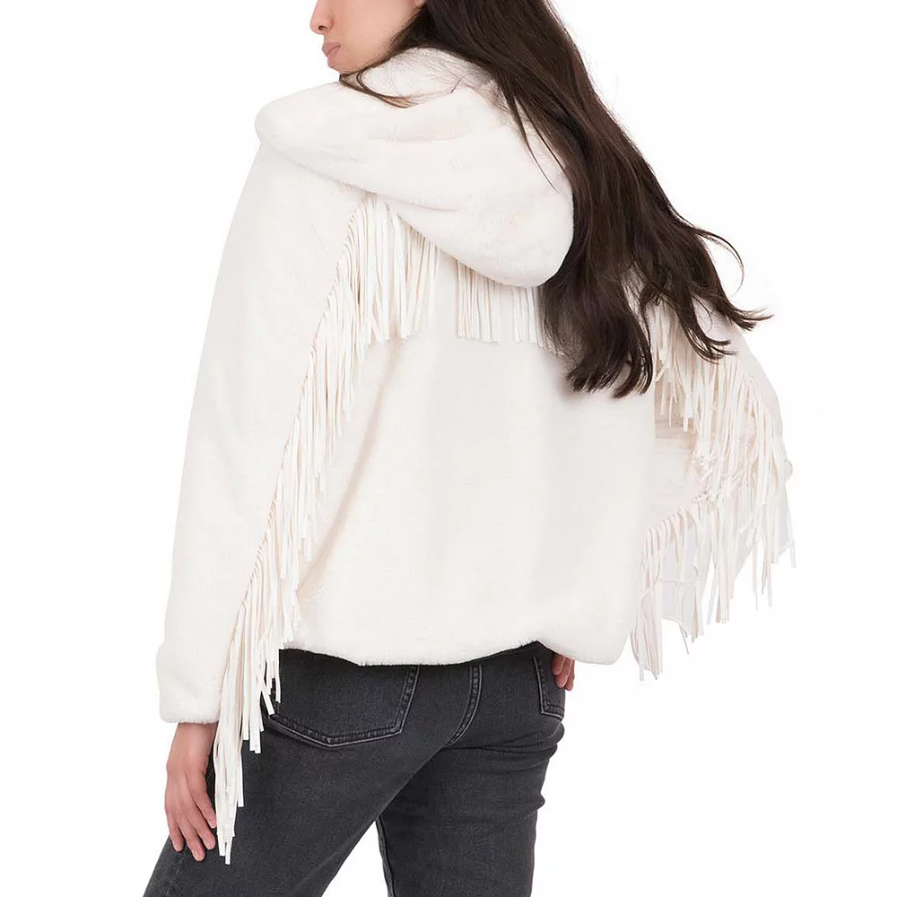 Women's Coffee Shop Faux Fur Hoodie with Fringe - Image 2
